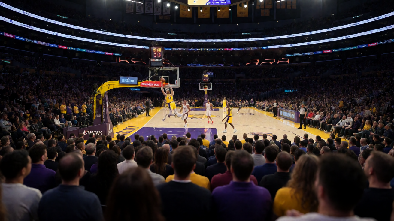 NBA篮球比赛现场，球员在球馆内完成精彩扣篮的瞬间