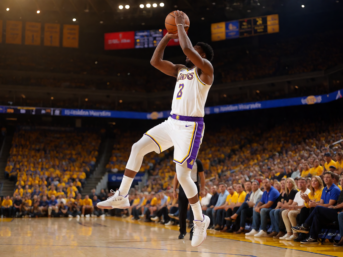NBA季后赛现场，湖人队球员在关键时刻命中关键三分球的精彩画面