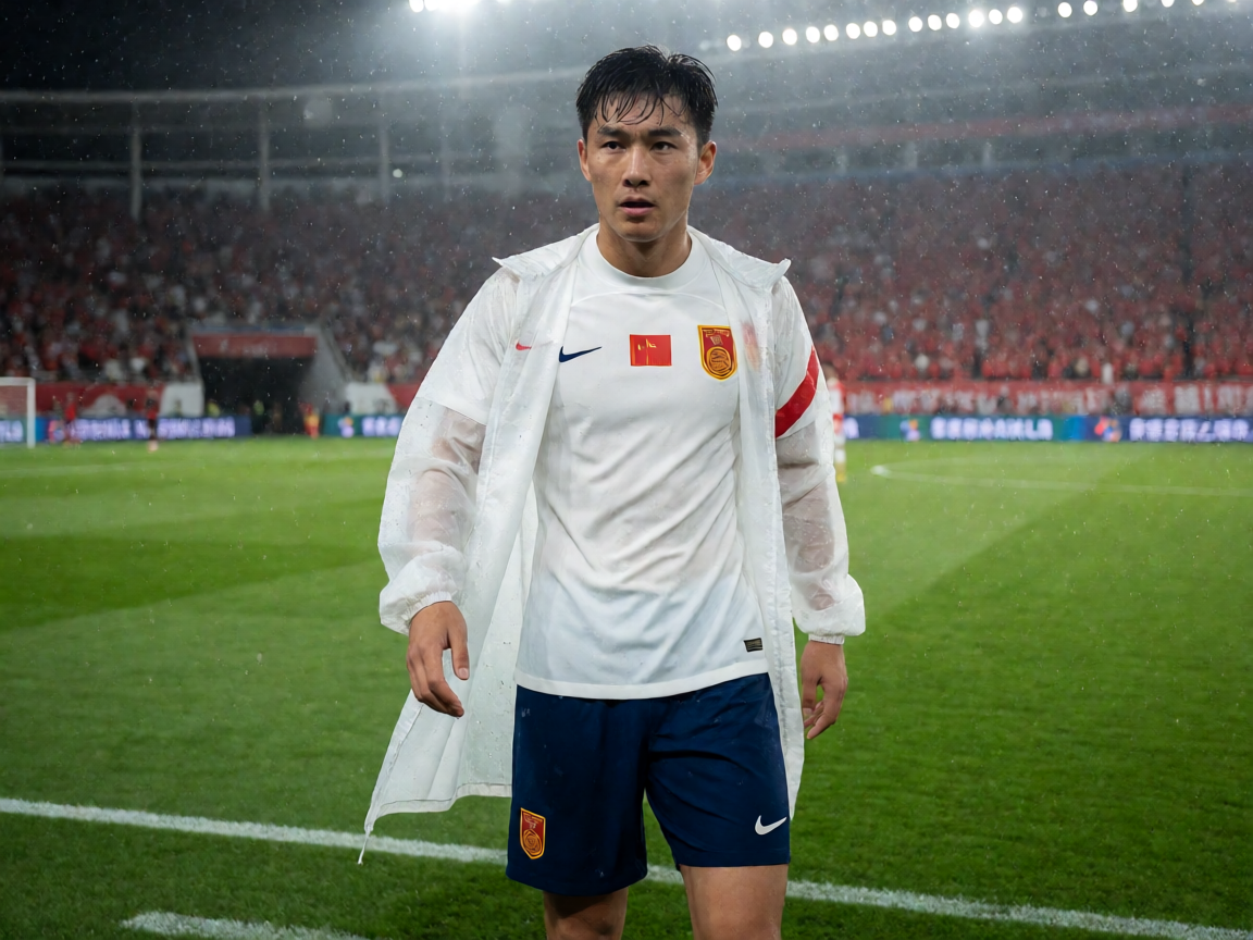 世界杯预选赛亚洲区比赛现场，中国国家男子足球队在雨中顽强拼搏的震撼场面