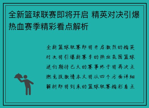 全新篮球联赛即将开启 精英对决引爆热血赛季精彩看点解析