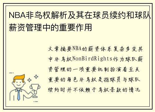 NBA非鸟权解析及其在球员续约和球队薪资管理中的重要作用
