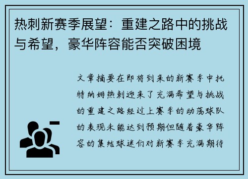 热刺新赛季展望：重建之路中的挑战与希望，豪华阵容能否突破困境