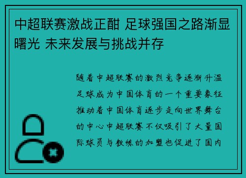 中超联赛激战正酣 足球强国之路渐显曙光 未来发展与挑战并存