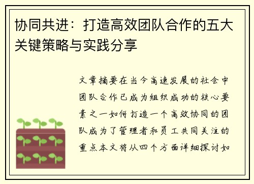 协同共进：打造高效团队合作的五大关键策略与实践分享