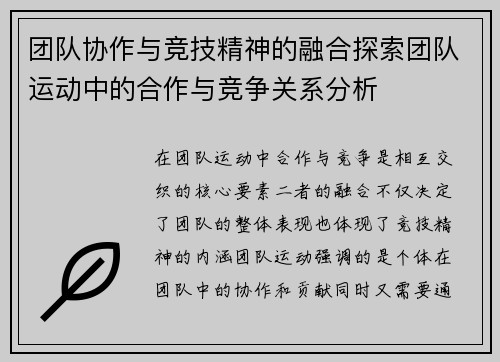 团队协作与竞技精神的融合探索团队运动中的合作与竞争关系分析